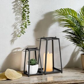 Black Metal Lantern Decorative Set of 2, Indoor Farmhouse Trapezoid Candle Holder Hanging Lanterns for Table Centerpieces Fireplace Mantel Shelf Porch, 13" & 10" Modern Home Decor