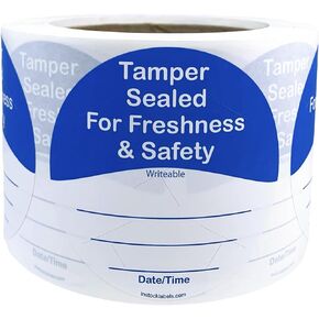 InStockLabels 500 Blue/White Circle Tamper-Evident Food Seal Stickers with Date and Time Section, Labels for Food Containers (3 Inches)