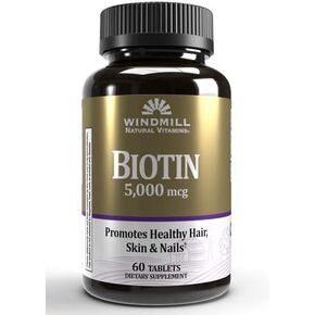 Windmill Natural Vitamins Biotin 5000 mcg, Supports Healthy Hair, Skin & Nails, Metabolism Booster, 60 Count, 60 Servings