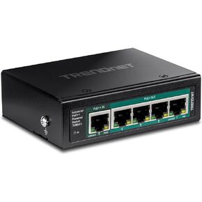TRENDnet TI-B541, 5-Port Industrial Gigabit PoE++ Powered DIN-Rail Switch with PoE Pass-Through, Lifetime Protection, Black