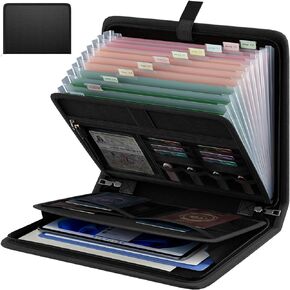 Huolewa Fireproof Accordion File Organizer, Portable Expanding File Folder with Waterproof Zipper&Labels, Black Document Organizer with 12 Pockets, File Organizer for Important Document/Paper Storage