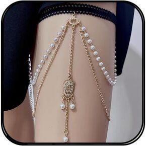 Bohemia Layered Pearl Leg Chain Rhinestone Harness Stretch Body Chain for Women Girls Bikini Thigh Body Chain for Summer Beach Holiday Party Accessories (gold)