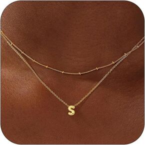 Bubble Letter Necklace Gold Layered Initial Necklace for Women Girls 14K Gold Plated Small Balloon Pendant Necklaces Cute Name A-Z Choker Necklaces Personalized Gold Jewelry Gift