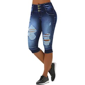 Flamingals Women's Distressed Button Front Raw Hem Capris Jeans Mid Waist Casual Pants