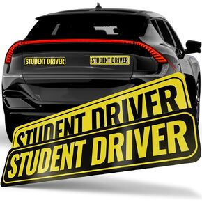 Student Driver Magnet | Removable & Reflective New Driver Sticker Decal for Car | Extra-Long Strong Adhesive Magnet w/ Bold Visible Letters (2-Pack) (Yellow & Black), Twin XL