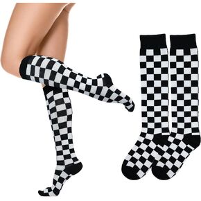 Cotton Knee High Socks for Women Girls Checkered Plaid Pattern Athletic Socks Cute Knit Black and White Long Socks Knee Highs Stockings 1 Pack