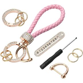 MUGVOLAX Anti-Lost car Keychains, Car KeyChain with Phone Number Car Keys, Leather Woven, Accessories With Bling Rhinestones