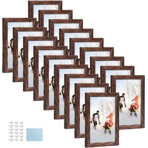 PHAREGE 4x6 Picture Frame Bulk Brown, Set of 18 Faux Wood Grain 4 by 6 Rustic Frame, Multi Farmhouse Frames for Family Team Photos, Vertically or Horizontally, Tabletop or Wall