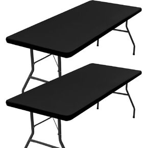 homing 2 Pack Rectangle Table Cloth, Elastic Fitted Fabric Tablecloth Fits for 4 Foot Folding Tables, Washable Table Cover for Picnic, Camping, Indoor & Outdoor (Black, 30" x 48")