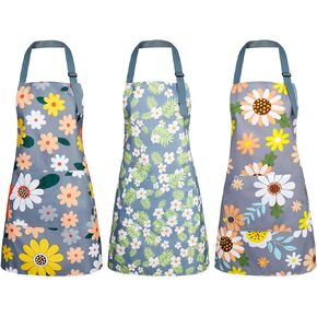 BOUMUSOE 3 Pack Floral Aprons with Pocket, Blooming Womens Aprons Waterproof Adjustable Cooking Aprons for Kitchen Gardening and Salon