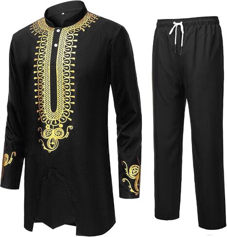 YND Men’s 2 Piece African Dashiki Shirt and Pants Set, Outfit with Gold Print in Saudi Arabia