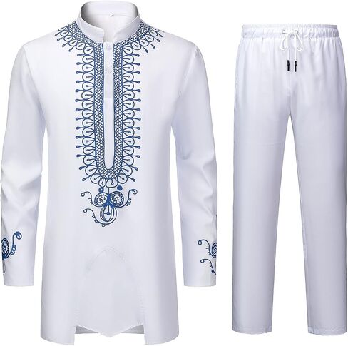 YND Men’s 2 Piece African Dashiki Shirt and Pants Set, Outfit with Gold Print in Saudi Arabia