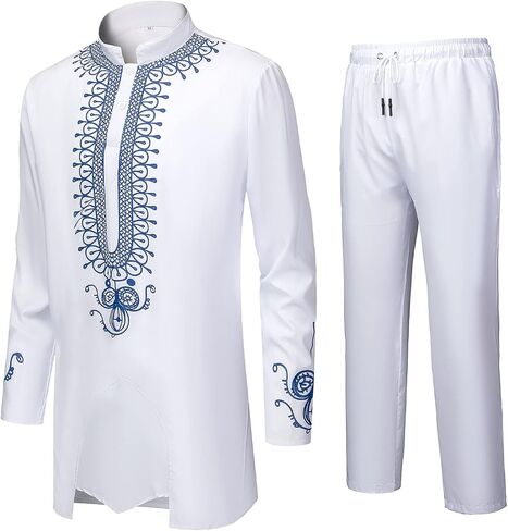 YND Men’s 2 Piece African Dashiki Shirt and Pants Set, Outfit with Gold Print in Saudi Arabia