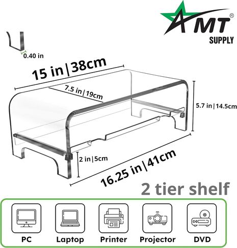 AMT 2 Tier 5.7 بوصة حامل شاشة كمبيوتر محمول أكريليك عالي وحامل كمبيوتر مع واقي لوحة مفاتيح للقطط، تصميم موفر للمساحة، مساحة تخزين إضافية، رف شفاف - مثالي للشاشات وأجهزة الكمبيوتر المحمولة والطابعات وديكور سطح المكتب in Saudi Arabia