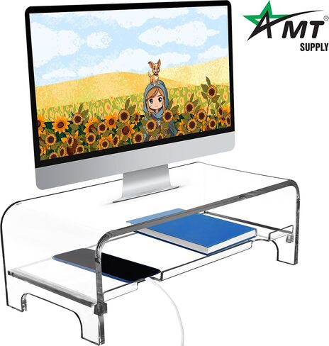 AMT 2 Tier 5.7 بوصة حامل شاشة كمبيوتر محمول أكريليك عالي وحامل كمبيوتر مع واقي لوحة مفاتيح للقطط، تصميم موفر للمساحة، مساحة تخزين إضافية، رف شفاف - مثالي للشاشات وأجهزة الكمبيوتر المحمولة والطابعات وديكور سطح المكتب in Saudi Arabia