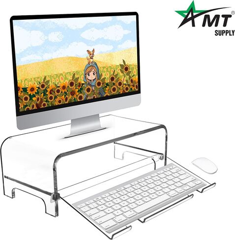 AMT 2 Tier 5.7 بوصة حامل شاشة كمبيوتر محمول أكريليك عالي وحامل كمبيوتر مع واقي لوحة مفاتيح للقطط، تصميم موفر للمساحة، مساحة تخزين إضافية، رف شفاف - مثالي للشاشات وأجهزة الكمبيوتر المحمولة والطابعات وديكور سطح المكتب in Saudi Arabia