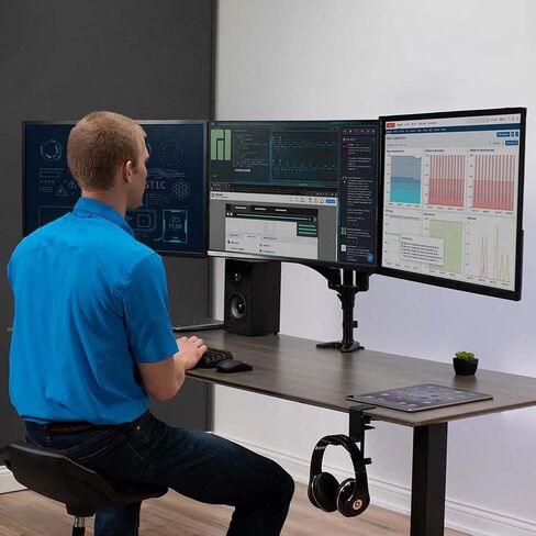VIVO Triple Monitor Height Adjustable Desk Mount, 2 Pneumatic Arms, 1 Fixed, Counterbalance Stand, 17.6 lbs Weight Capacity, Max VESA 100x100, Fits up to 32 inch Screens, Black, STAND-V103G in Saudi Arabia