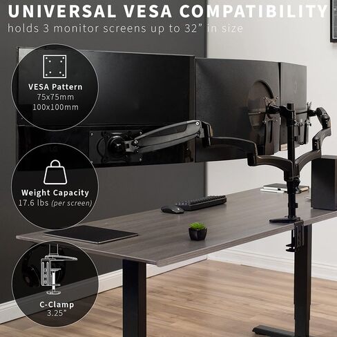 VIVO Triple Monitor Height Adjustable Desk Mount, 2 Pneumatic Arms, 1 Fixed, Counterbalance Stand, 17.6 lbs Weight Capacity, Max VESA 100x100, Fits up to 32 inch Screens, Black, STAND-V103G in Saudi Arabia