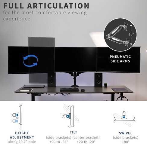 VIVO Triple Monitor Height Adjustable Desk Mount, 2 Pneumatic Arms, 1 Fixed, Counterbalance Stand, 17.6 lbs Weight Capacity, Max VESA 100x100, Fits up to 32 inch Screens, Black, STAND-V103G in Saudi Arabia