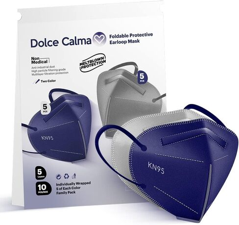 أقنعة الوجه Dolce Calma KN95، 10 عبوات متعددة الألوان مغلفة بشكل فردي، قناع ملون مريح وقابل للتنفس من 5 طبقات للبالغين من الرجال والنساء، مشبك أنف قابل للتعديل وحلقة أذن مرنة (أزرق ورمادي) in Saudi Arabia