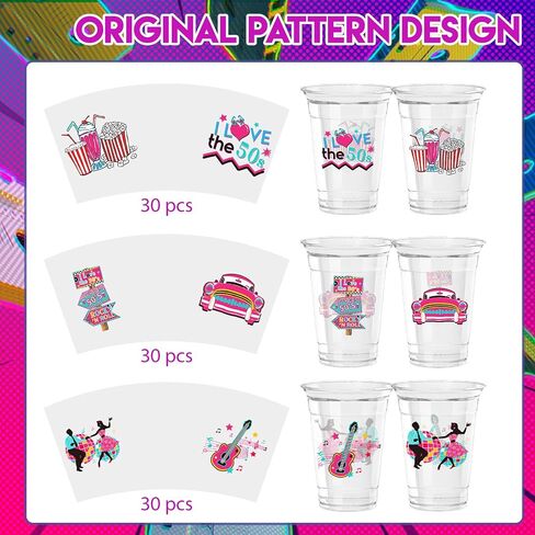 60 Pcs 50's Party Plastic Cups 12oz,1950's Rock and Roll Disposable Cups Back to 50s Retro Party Tableware 50's Theme Party Decorations for 50's Theme Birthday Party Music Party Supplies in Saudi Arabia