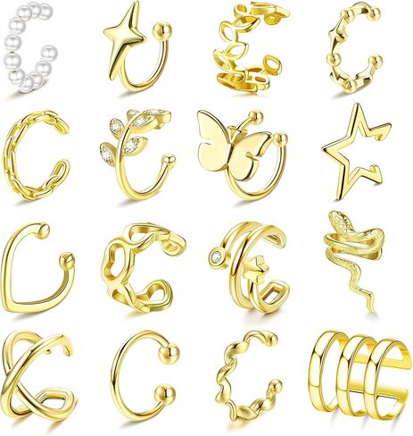 ORAZIO 16 قطعة أصفاد الأذن للنساء الرجال غير ثقب الذهب الفضة الأذن الكفة وهمية الغضروف كليب على اللولب التفاف طقم من الحلقان قابل للتعديل in Kuwait