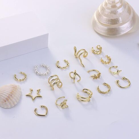 ORAZIO 16 قطعة أصفاد الأذن للنساء الرجال غير ثقب الذهب الفضة الأذن الكفة وهمية الغضروف كليب على اللولب التفاف طقم من الحلقان قابل للتعديل in Kuwait