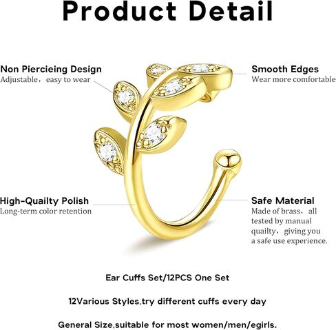 ORAZIO 16 قطعة أصفاد الأذن للنساء الرجال غير ثقب الذهب الفضة الأذن الكفة وهمية الغضروف كليب على اللولب التفاف طقم من الحلقان قابل للتعديل in Kuwait