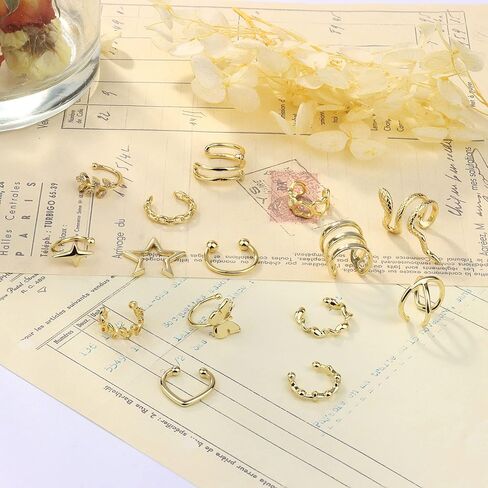 ORAZIO 16 قطعة أصفاد الأذن للنساء الرجال غير ثقب الذهب الفضة الأذن الكفة وهمية الغضروف كليب على اللولب التفاف طقم من الحلقان قابل للتعديل in Kuwait