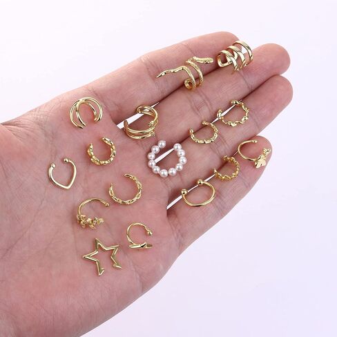 ORAZIO 16 قطعة أصفاد الأذن للنساء الرجال غير ثقب الذهب الفضة الأذن الكفة وهمية الغضروف كليب على اللولب التفاف طقم من الحلقان قابل للتعديل in Kuwait