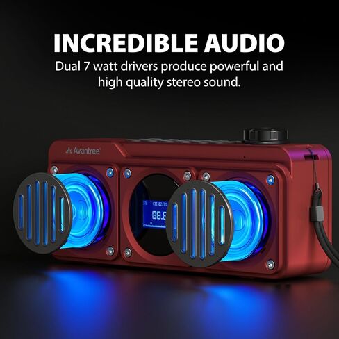 Avantree Boombyte - راديو FM رقمي محمول مع مكبر صوت بلوتوث، صوت رائع، لمسة نهائية معدنية، مشغل MP3، يدعم بطاقة Micro SD ومدخل صوت USB، وقت تشغيل طويل، قابل لإعادة الشحن، سهل الاستخدام - أحمر in Kuwait