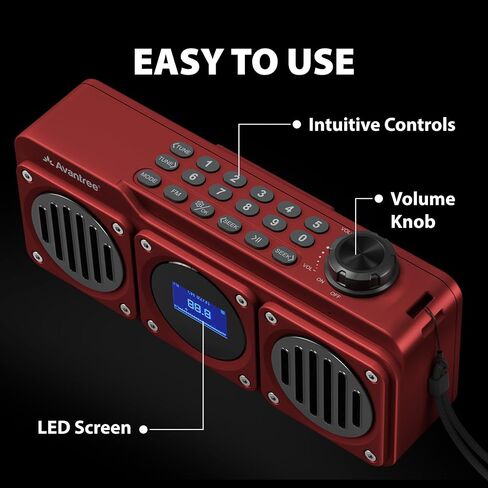 Avantree Boombyte - راديو FM رقمي محمول مع مكبر صوت بلوتوث، صوت رائع، لمسة نهائية معدنية، مشغل MP3، يدعم بطاقة Micro SD ومدخل صوت USB، وقت تشغيل طويل، قابل لإعادة الشحن، سهل الاستخدام - أحمر in Kuwait