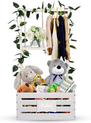 سلة استحمام الطفل، قفص استحمام الطفل مع رف شماعات مرتفع 23.6 بوصة وأرجوحة، خزانة قفص استحمام خشبية للأطفال، سلة دش الطفل للحمل، صندوق تخزين هدايا الآباء الجدد للحمل (أبيض) in Kuwait