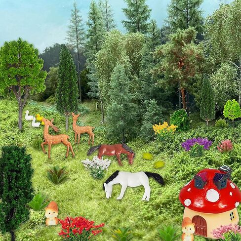 35 قطعة من الأشجار النموذجية 1.1-4.7 بوصة نموذج ديوراما مختلط لشجرة الزهور الغزلان والحصان وحيوانات الغابة والفطر لغابة الغابة وحرف الحيوانات ونموذج بناء السكك الحديدية ومستلزمات المناظر الطبيعية (نمط 01) in Kuwait