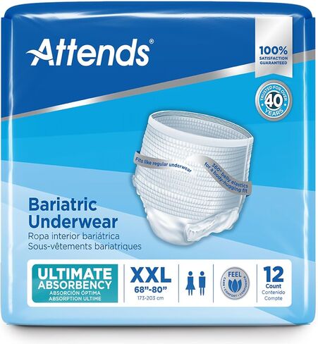Attends Bariatric Underwear for Adult Incontinence Care with ConfidenceCuff™ Protection, Ultimate Absorbency, Unisex, XX-Large, 12 Count (x4) in Saudi Arabia