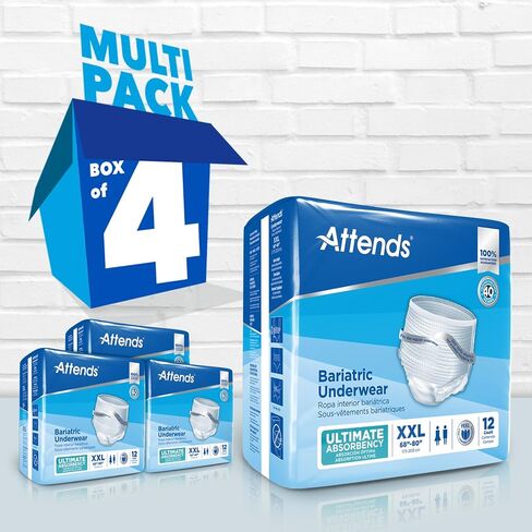 Attends Bariatric Underwear for Adult Incontinence Care with ConfidenceCuff™ Protection, Ultimate Absorbency, Unisex, XX-Large, 12 Count (x4) in Saudi Arabia