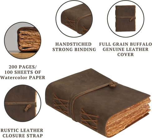 LEATHER VILLAGE - Vintage Leather Bound Journal for Men & Women - 10"X7" | Rustic Brown | 200 Deckle Edges Watercolor Paper - Book of Shadows, Writing Notebook, Sketchbook, Planner, Spell book in Saudi Arabia