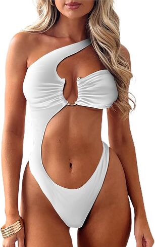 Women's Sexy U-Ring One Shoulder Cut Out One Piece Bathing Suit High Cut Cheeky Swimsuit in Saudi Arabia