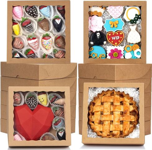 24 قطعة من صناديق الفطيرة البيضاء مقاس 10 × 10 × 2.5 بوصة من RomanticBaking مع صناديق بسكويت نافذة وصناديق فراولة مغطاة بالشوكولاتة وصناديق كعك بروينز لعيد الميلاد in Kuwait
