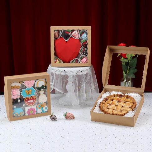 24 قطعة من صناديق الفطيرة البيضاء مقاس 10 × 10 × 2.5 بوصة من RomanticBaking مع صناديق بسكويت نافذة وصناديق فراولة مغطاة بالشوكولاتة وصناديق كعك بروينز لعيد الميلاد in Kuwait