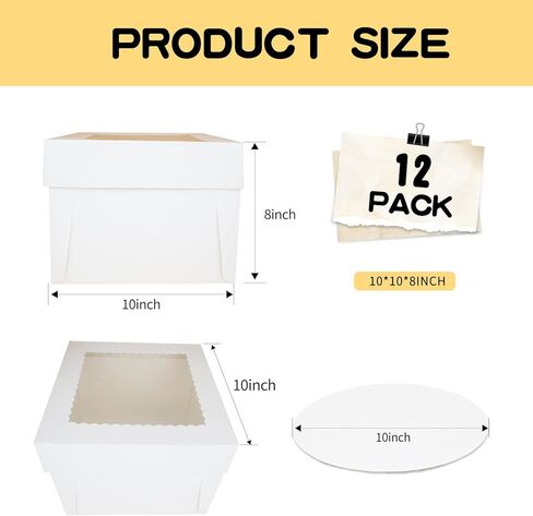 12 مجموعة من صناديق الكيك (12 صندوقًا و12 لوحًا)، صندوق كيك بطول 10 × 10 × 8 بوصات مع نافذة شفافة مربعة الشكل بيضاء صناديق مخبوزات مع ألواح كيك للحلويات وحفلات الزفاف وأعياد الميلاد in Kuwait