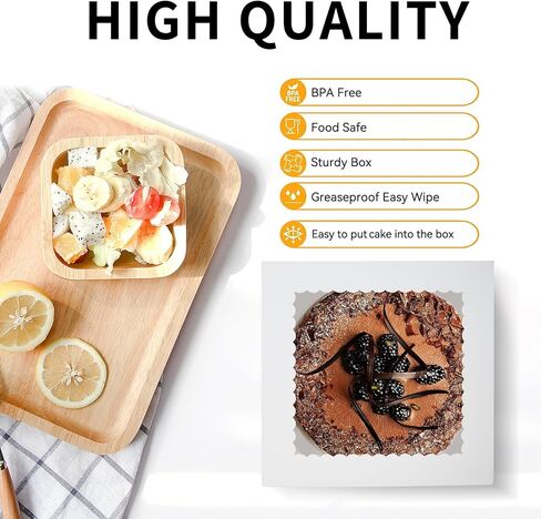 12 مجموعة من صناديق الكيك (12 صندوقًا و12 لوحًا)، صندوق كيك بطول 10 × 10 × 8 بوصات مع نافذة شفافة مربعة الشكل بيضاء صناديق مخبوزات مع ألواح كيك للحلويات وحفلات الزفاف وأعياد الميلاد in Kuwait