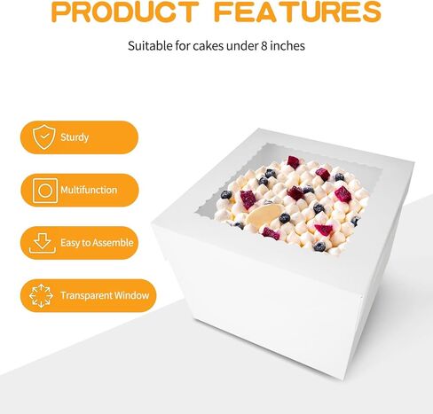 12 مجموعة من صناديق الكيك (12 صندوقًا و12 لوحًا)، صندوق كيك بطول 10 × 10 × 8 بوصات مع نافذة شفافة مربعة الشكل بيضاء صناديق مخبوزات مع ألواح كيك للحلويات وحفلات الزفاف وأعياد الميلاد in Kuwait