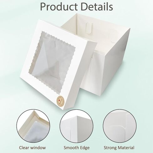 12 مجموعة من صناديق الكيك (12 صندوقًا و12 لوحًا)، صندوق كيك بطول 10 × 10 × 8 بوصات مع نافذة شفافة مربعة الشكل بيضاء صناديق مخبوزات مع ألواح كيك للحلويات وحفلات الزفاف وأعياد الميلاد in Kuwait