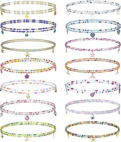 سلسلة خرز الخصر 14 قطعة من Fansilver للنساء والفتيات وخرز الخصر الأفريقي وخرز البطن الملون للخصر المتدلي يدويًا وسلاسل البطن المرنة مجوهرات لشاطئ بيكيني الصيف in Kuwait