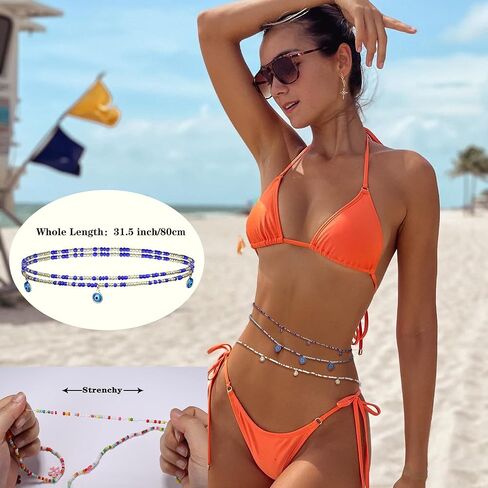 سلسلة خرز الخصر 14 قطعة من Fansilver للنساء والفتيات وخرز الخصر الأفريقي وخرز البطن الملون للخصر المتدلي يدويًا وسلاسل البطن المرنة مجوهرات لشاطئ بيكيني الصيف in Kuwait