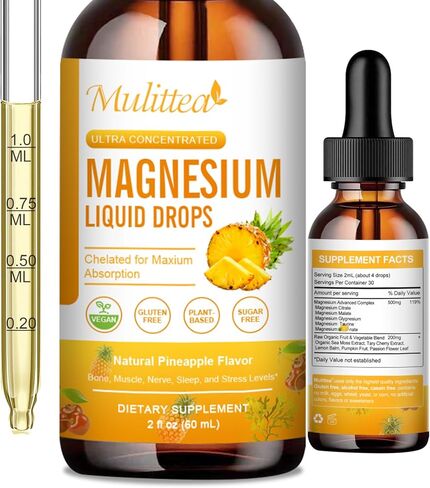 Magnesium 500mg Liquid Drops - High Absorption 5-in-1 Magnesium Complex Supplement with Glycinate, Malate, Citrate, Taurate - for Bone, Muscles, Nerves & Energy - Vegan Formula, Sugar Free, 2 Fl.oz in Kuwait
