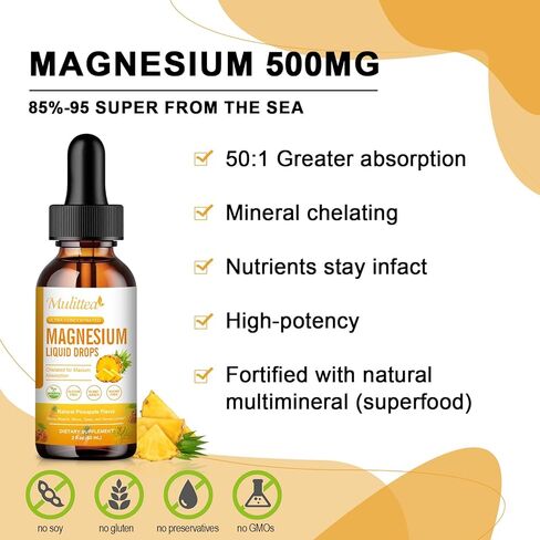 Magnesium 500mg Liquid Drops - High Absorption 5-in-1 Magnesium Complex Supplement with Glycinate, Malate, Citrate, Taurate - for Bone, Muscles, Nerves & Energy - Vegan Formula, Sugar Free, 2 Fl.oz in Kuwait