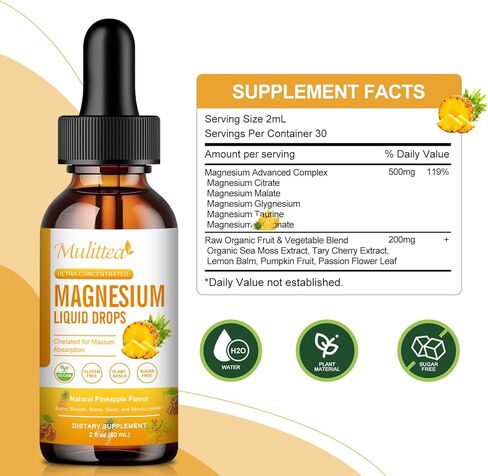 Magnesium 500mg Liquid Drops - High Absorption 5-in-1 Magnesium Complex Supplement with Glycinate, Malate, Citrate, Taurate - for Bone, Muscles, Nerves & Energy - Vegan Formula, Sugar Free, 2 Fl.oz in Kuwait