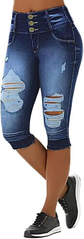 Flamingals Women's Distressed Button Front Raw Hem Capris Jeans Mid Waist Casual Pants in Saudi Arabia